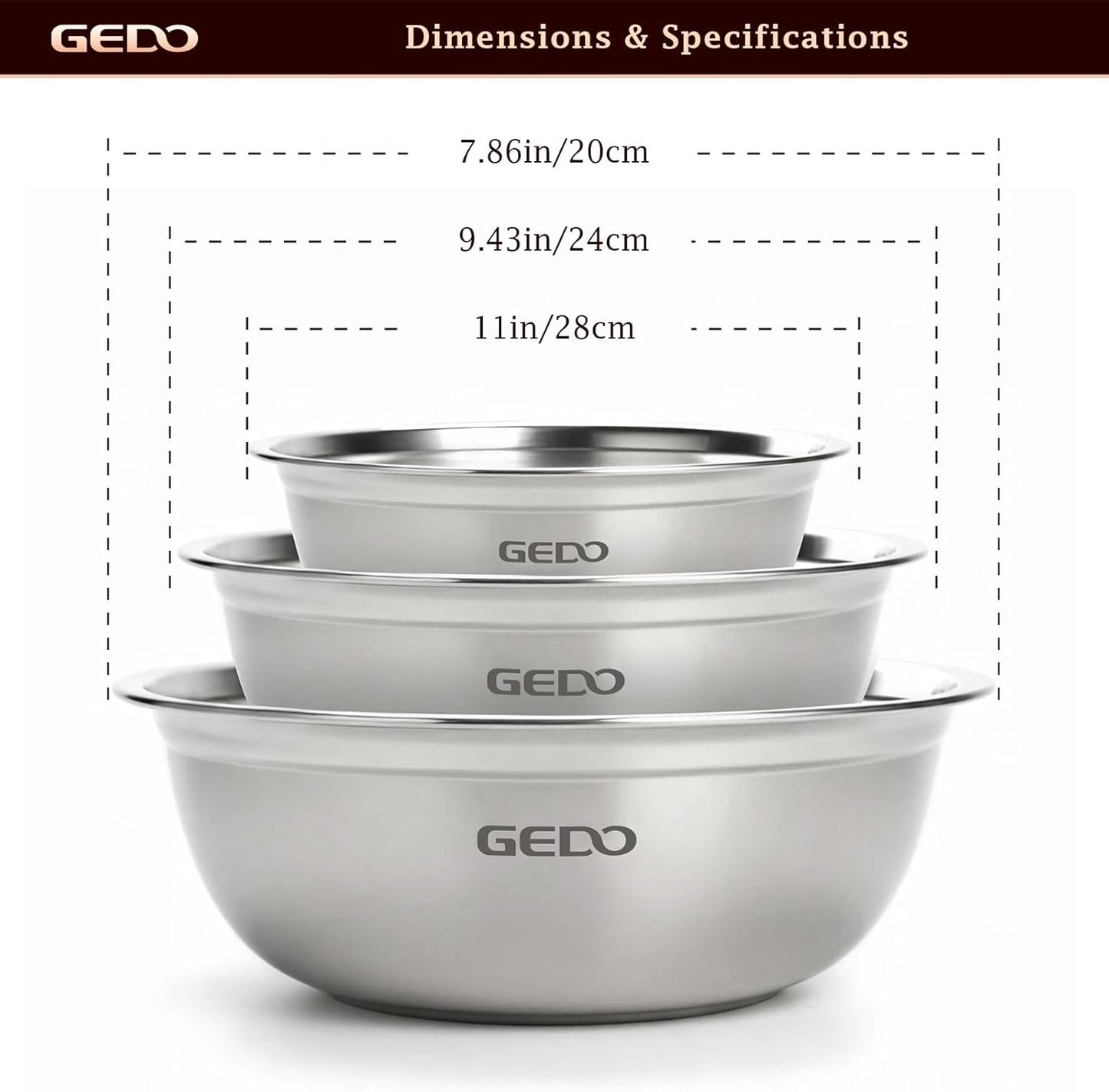 GEDO Stainless Steel 4 Piece Mixing Bowls Set, SUS316 Metal Nesting Bowls, Silver, Kitchen Food Prep Serving Bowls (7.07/8.64/10.21/11.79 in)