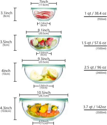 WhiteRhino Glass Mixing Bowls Glass Bowls with Lids Set(4.5QT,2.7QT, 1.1QT),Large Salad Bowls,glass mixing bowl Space-Saving Nesting Storage bowls for Cooking,Baking,Prepping,Dishwasher Safe
