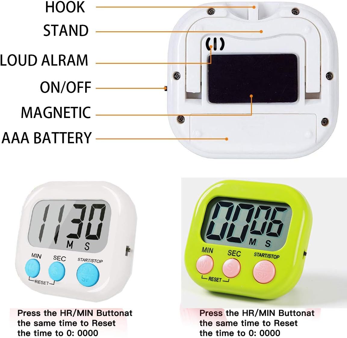 Kitchen Timer Digital for Teachers Kids Cooking with Magnetic and ON/Off Switch and Count Up Countdown, Stopwatch Timer with Stand/Hook, Simple Operation, 2 Pack, White and Green