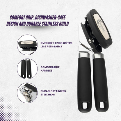 Heavy Duty Stainless Steel Manual Can Opener with Bottle Opener Function- Rust Proof and with Soft Grip Handle, razor sharp, smooth and easy cutting,