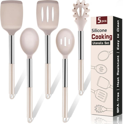 5Pcs Silicone Cooking Utensils Set, Heat Resistant Kitchen Tools Include Solid&Slotted Spatula, Cooking Spoon and Pasta Server, Silicone Kitchen Utensils set for Nonstick Cookware Flipping, Black