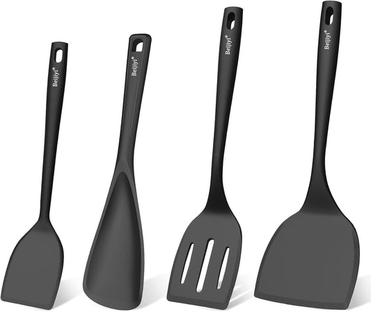 Beijiyi Silicone Spatula Set of 4, 600°F Heat Resistant, BPA Free Kitchen Spatula and Spoons for Nonstick Cookware, Solid & Slotted Turner Cooking Utensils for Serving, Flipping Egg, Pancakes (Khaki)