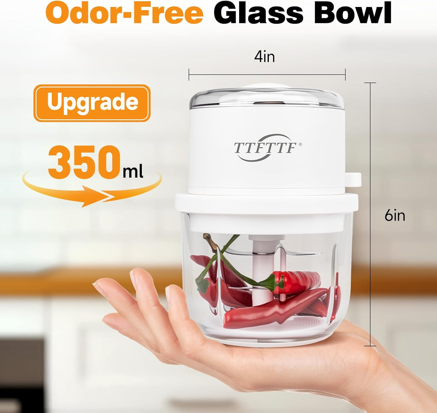 Electric Garlic Chopper, 350ML Glass Bowl Mini Food Processor, Portable Veggie Chopper Onion Garlic Grinder, Wireless Blender for Ginger, Chili, Fruit, Meat, etc