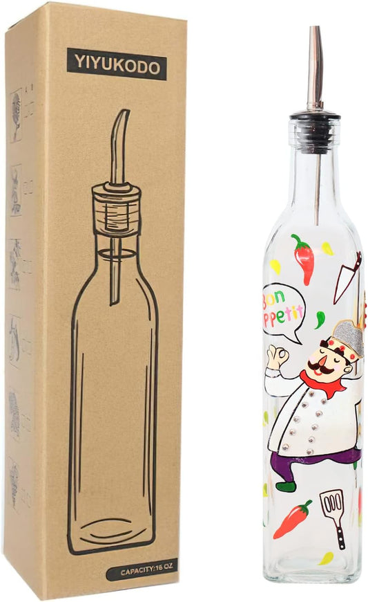 17oz Hand Painted Glass Olive Oil Bottle Dispenser- 500ml Green Oil & Vinegar Cruet with Pourers - Olive Oil Carafe Decanter for Kitchen (olive1)