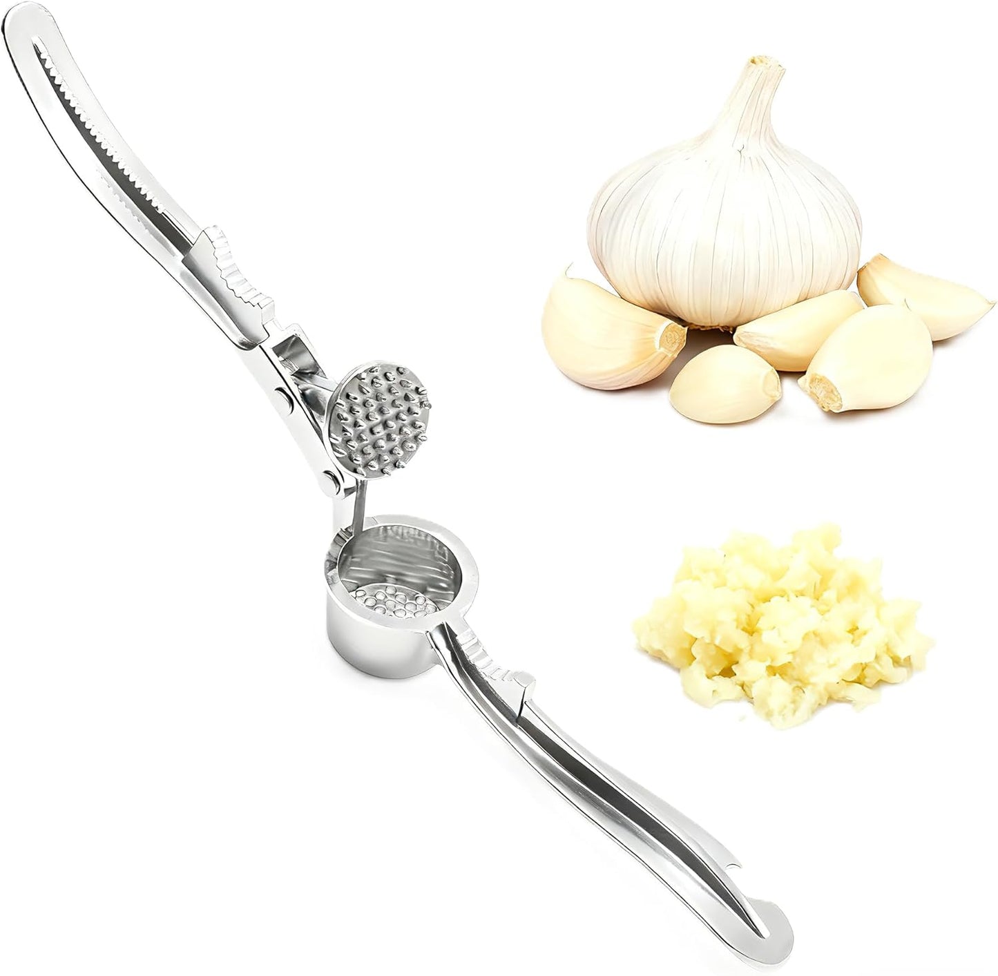 Stainless Steel Garlic Press and Mincer Set, Heavy Duty Garlic Crusher with Ergonomic Handle Rustproof Easy Squeeze Garlic Press Stainless Steel Professional Garlic Mincer Tool for Kitchen Use