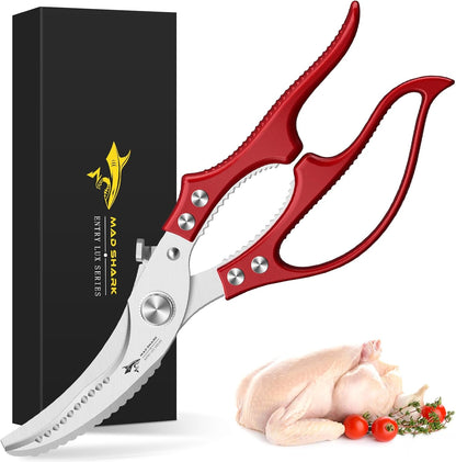 MAD SHARK Heavy Duty Poultry Shears, Kitchen Shears with Non-Slip Handle & Safety Lock, All Purpose Kitchen Scissors for Chicken, Meat Cutting, Turkey, Fish, Vegetables, Spring Loaded, Dishwasher Safe