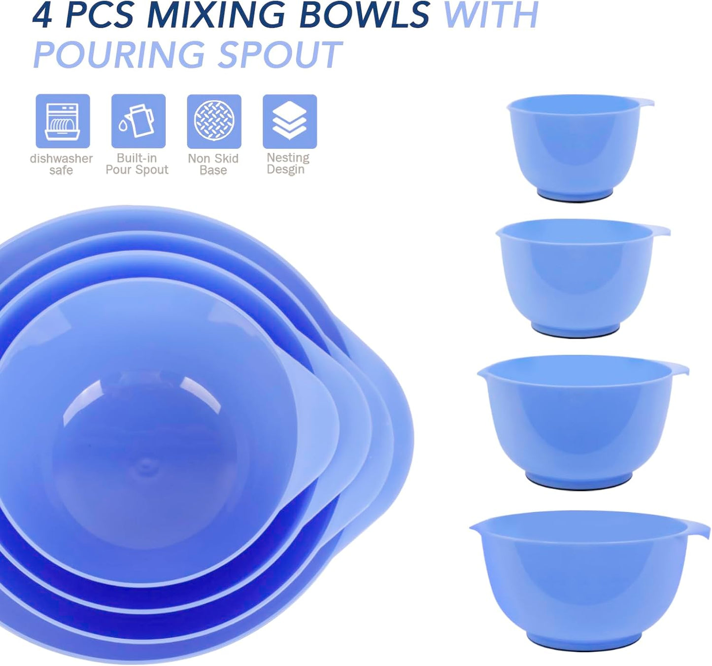 BoxedHome Nesting Plastic Mixing Bowl Set, 4 Piece Mixing Bowl Set with Pour Spouts, Size 1.7, 2.5, 3.5 and 4.5qt, for Prepping, Mixing, Baking, Cooking(2023 New Version, Pink)