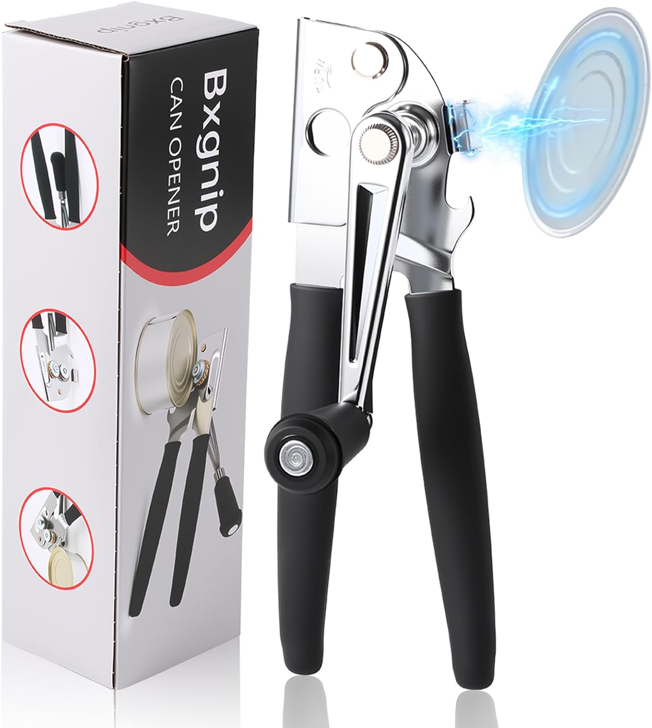 Can Opener Manual Heavy Duty Stainless Steel Smooth Edge with Magnet Large Effort Saving Knob Soft Grip Handle for Arthritis Elderly with Bottle Opener Kitchen Tool Black