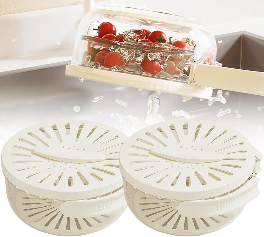 Multifunctional Fruit and Vegetable Washing Bowl, 2025 New Fruit Washing Bowl with Strainer, Fruit Strainer Container with Lid, Fruit Drainer Container with Handle for Vegetable Washing (Brown)