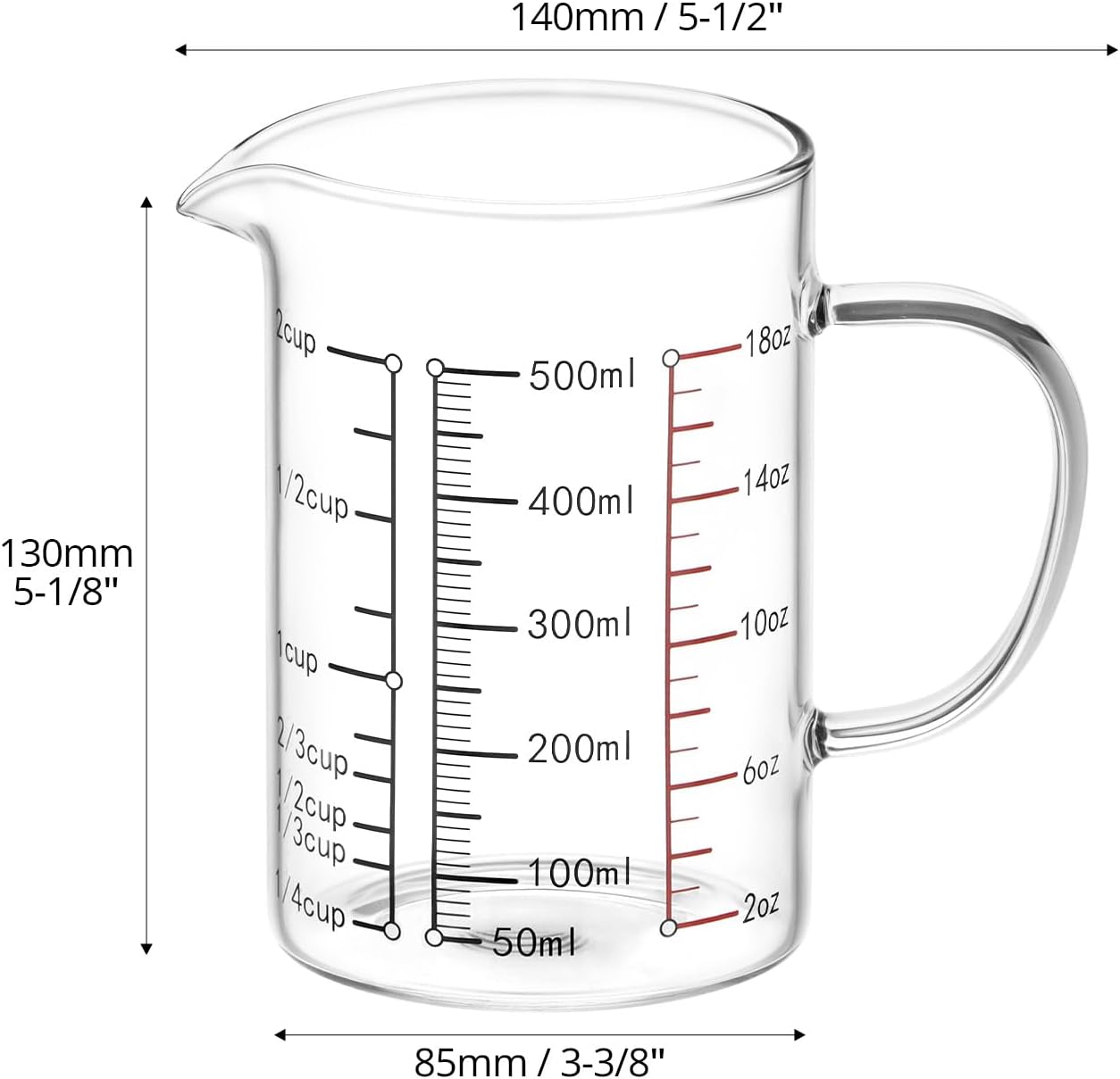QWORK 16 Oz 2 Cup Glass Measuring Cup with Insulated Handle, V-Shaped Spout, , Measuring Cup, Precise Measurement Scales Cup