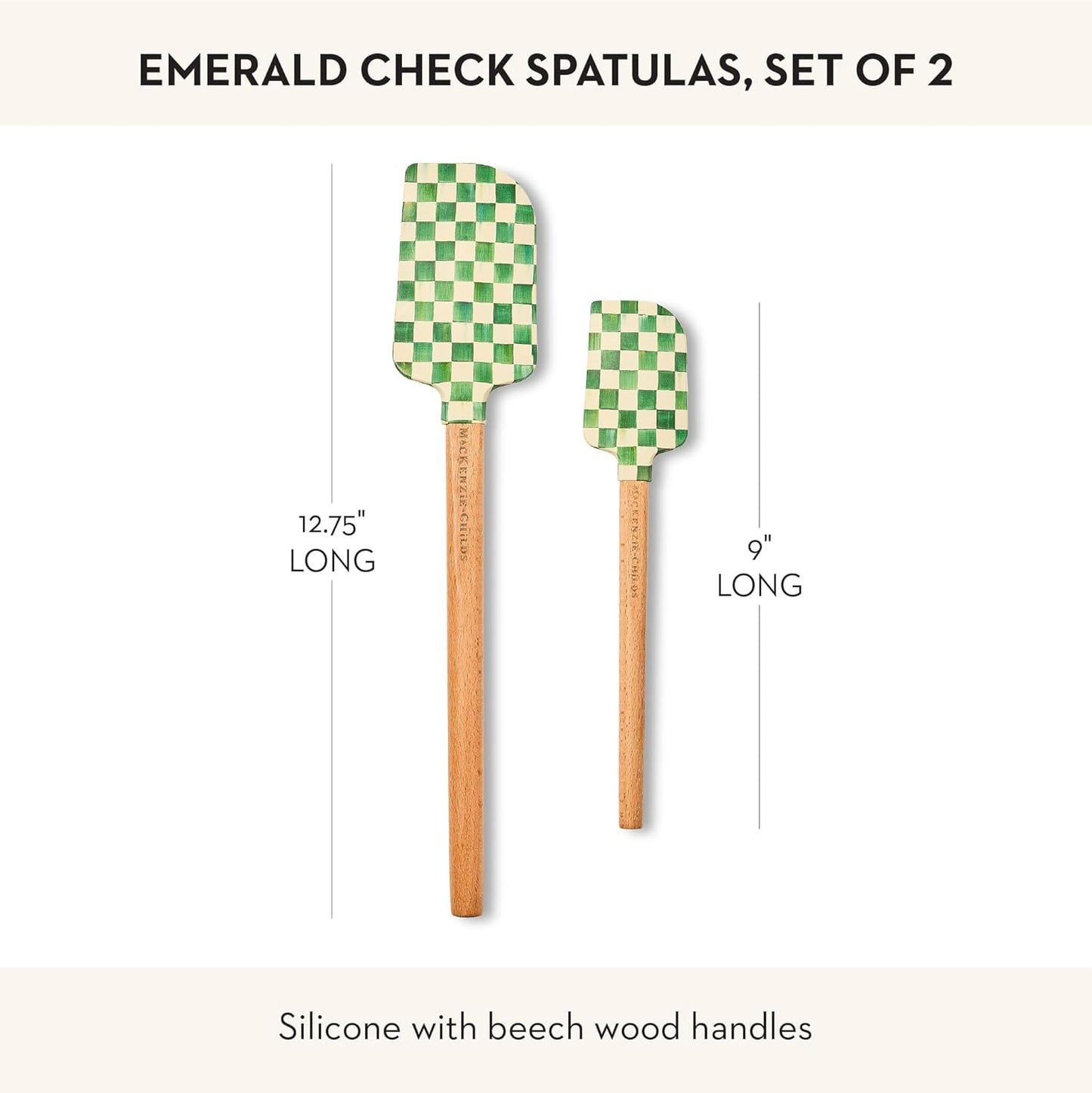 MACKENZIE-CHILDS Silicone Spatulas with Wooden Handles, Silicone Kitchen Spatula Set, 9 Inches and 12.75 Inches, Set of 2, Green-and-White Emerald Check