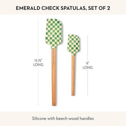 MACKENZIE-CHILDS Silicone Spatulas with Wooden Handles, Silicone Kitchen Spatula Set, 9 Inches and 12.75 Inches, Set of 2, Green-and-White Emerald Check