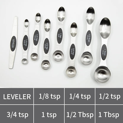 Magnetic Measuring Spoons Set of 8, Stainless Steel Double End Stackable Teaspoon for Cooking and Baking, Tablespoon with Leveler for Measuring Dry and Liquid Ingredients, Multicolor
