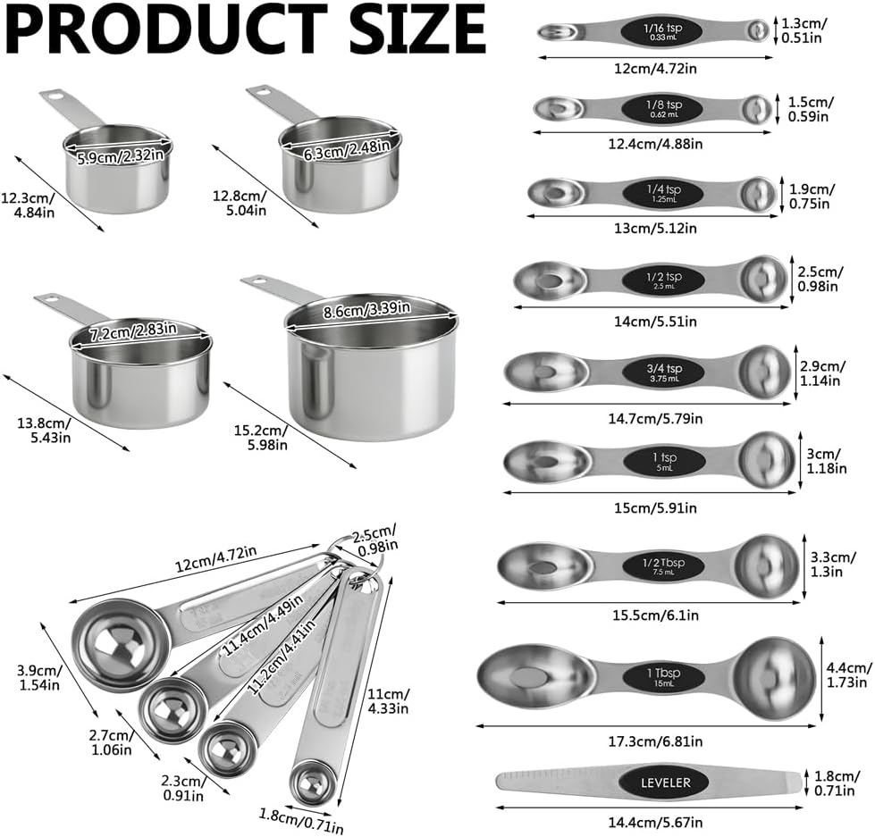 Magnetic Measuring Cups and Spoons Set, 17PCS Stainless Steel Dual-Sided Spoons with Built-in Leveler for Dry & Liquid Ingredients, Magnetic Nesting Design for Baking & Cooking(COLOR:silver)