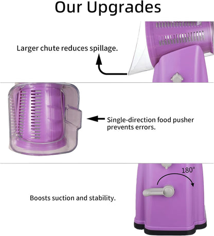 Upgrade Rotary Cheese Grater Shredder with Handle, Strong Suction Base, Multi-purpose Rotary Grater Slicer with 5 Interchangeable Blades for Ice, Vegetables, Fruit, Nuts with Blade Storage Box