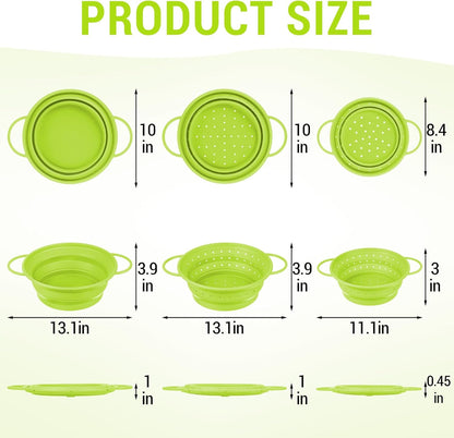 3 Pack Collapsible Colander with Strainer Bowl Set, 11 & 13 In BPA-Free Silicone Colanders for Kitchen, Heat-Resistant Space-Saving Strainer Dishwasher Safe Baskets for Vegetable Fruits(Grey)