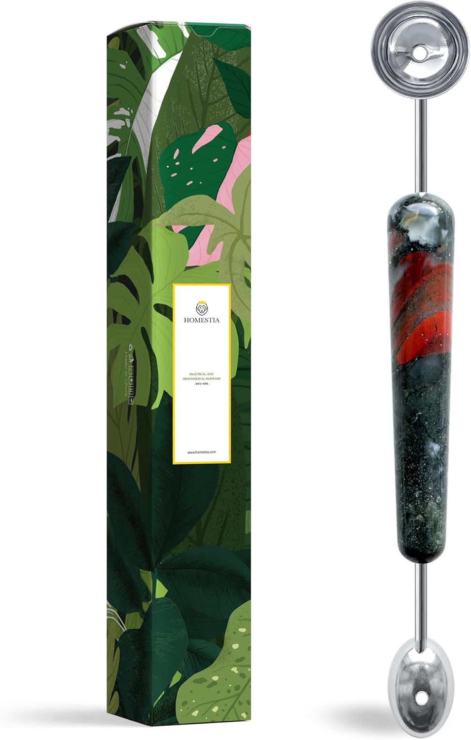 Homestia Double-Sided Stainless Steel Melon Baller - Fruit Ice Cream Scoop Spoon for Watermelon, Cantaloupe, Sorbet, Meatballs, 9.6 Inch with Gemstone Handle Icecream Melon Scooper