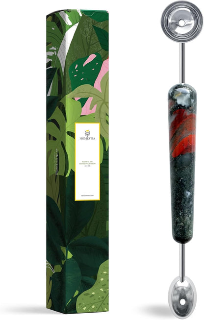 Homestia Double-Sided Stainless Steel Melon Baller - Fruit Ice Cream Scoop Spoon for Watermelon, Cantaloupe, Sorbet, Meatballs, 9.6 Inch with Gemstone Handle Icecream Melon Scooper