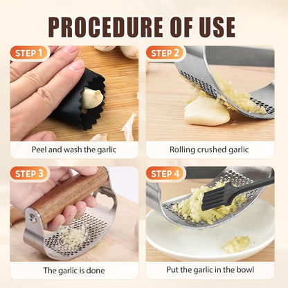 Garlic Press Rocker, 2025 New Manual Stainless Steel Garlic Presser Rocker, Crusher Masher with Garlic Peeling Drum Brush for Home Kitchen Utensils (1)