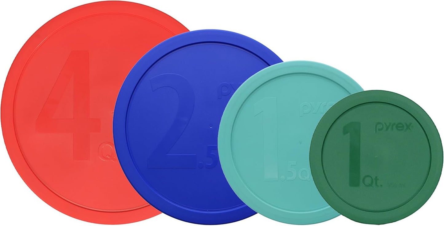 Pyrex (1) 322-PC Green, (1) 323-PC Orange, (1) 325-PC Blue, and (1) 326-PC Red Mixing Bowl Lids (FOR PYREX MIXING BOWLS ONLY) - Made in the USA