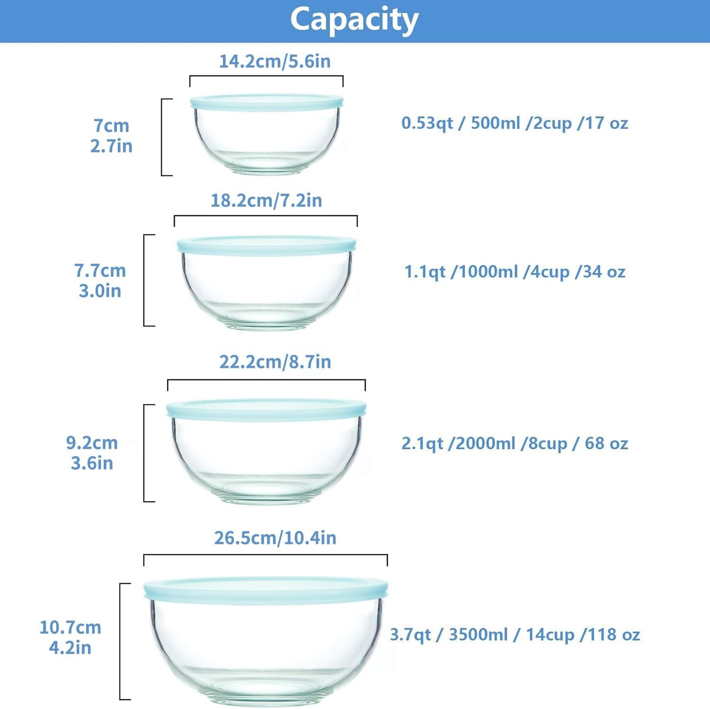 WhiteRhino Glass Mixing Bowls Glass Bowls with Lids Set(4.5QT,2.7QT, 1.1QT),Large Salad Bowls,glass mixing bowl Space-Saving Nesting Storage bowls for Cooking,Baking,Prepping,Dishwasher Safe