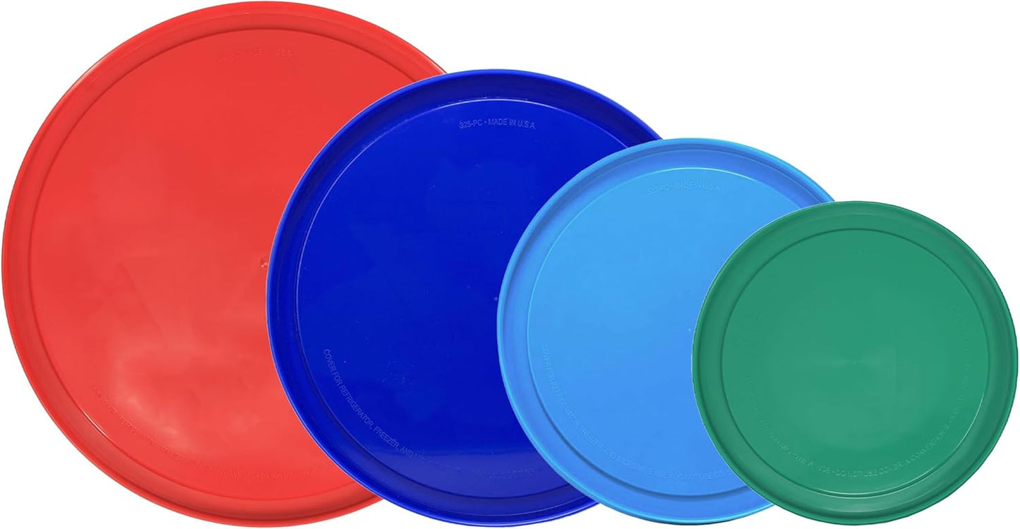 Pyrex (1) 322-PC Green, (1) 323-PC Orange, (1) 325-PC Blue, and (1) 326-PC Red Mixing Bowl Lids (FOR PYREX MIXING BOWLS ONLY) - Made in the USA