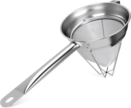 Stainless Steel Bouillon Strainer, 8-Inch Conical Fine Mesh, Heavy-Duty with Support Ring