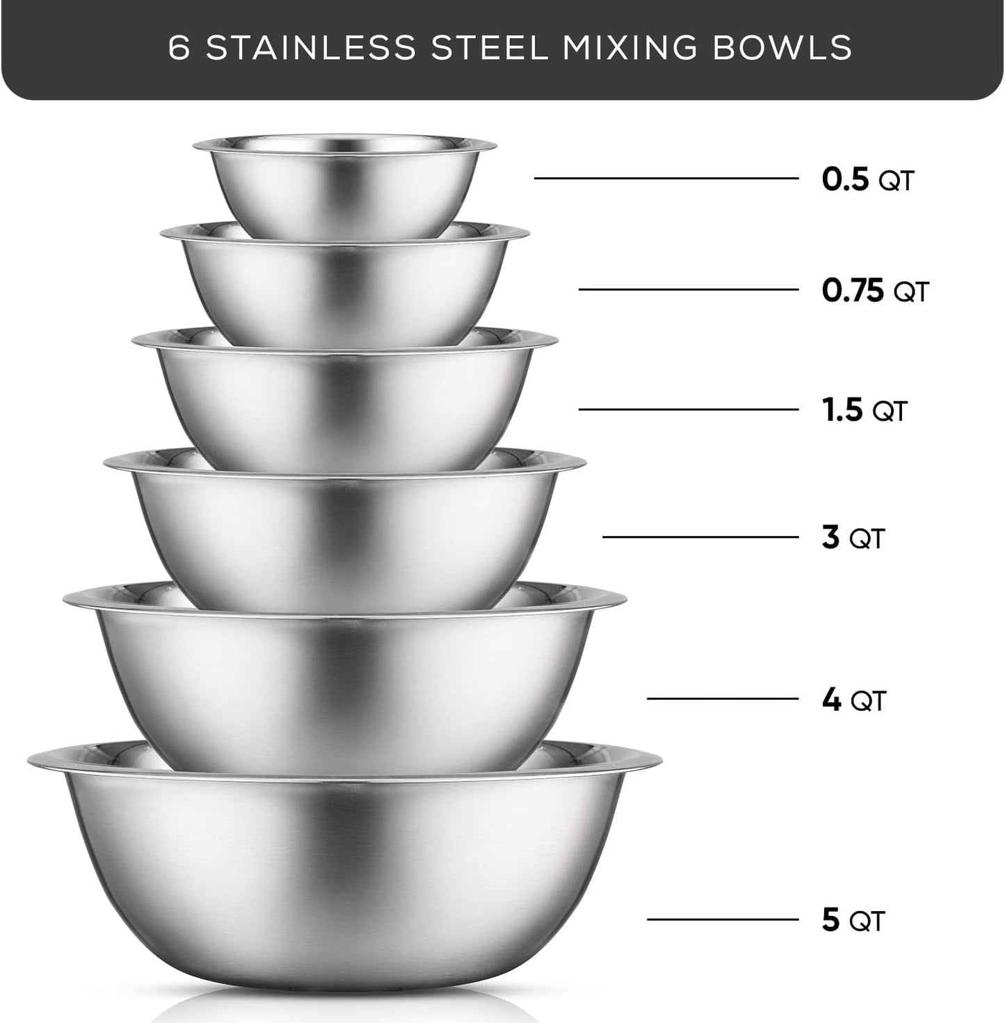 JoyJolt Stainless Steel Mixing Bowl Set of 6-5qt to 0.5qt Nesting Bowls for Dough, Batter & Baking