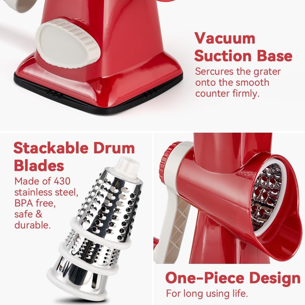 3 in 1 Manual Vegetable Cutter Machine with Stainless Steel Changeable Blades Rotary Cheese Grater Kitchen Tool Potato Slicer Shredder Nuts Chocolate Chopper (Transparent black)