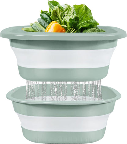 Collapsible Colander and Sink Basin Set - 2 in 1 Collapsible Colander Strainer with Collapsible Wash Basin for Kitchen, RV Camping, Foldable Fruit Vegetable Washing Basket, 4 QT, Blue
