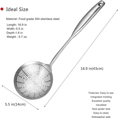 Collfa Cooking Skimmer 304 Stainless Steel Spider Strainer Handheld Metal Slotted Spoon With Holes Mesh Ladle For Spaghetti Pasta;Poached Egg;Noodle;Vegetables;Kitchen Frying And Cooking Tools