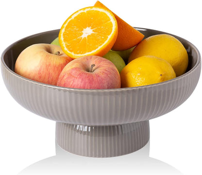 Ceramic Fruit Bowl with Draining Holes, 10" Large Fruit Basket with Multifunctional Removable Pedestal, Decorative Fruit Bowl for Table Countertop, Fruit and Vegetable Holder, Grey