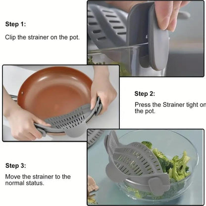 Kitchen Silicone Strainer, Silicone Pasta Strainer Clip-On for Pots and Pans - Heat Resistant Colander for Vegetables and Noodles - Kitchen Gadgets for Cooking - Space-Saving Design - Gray
