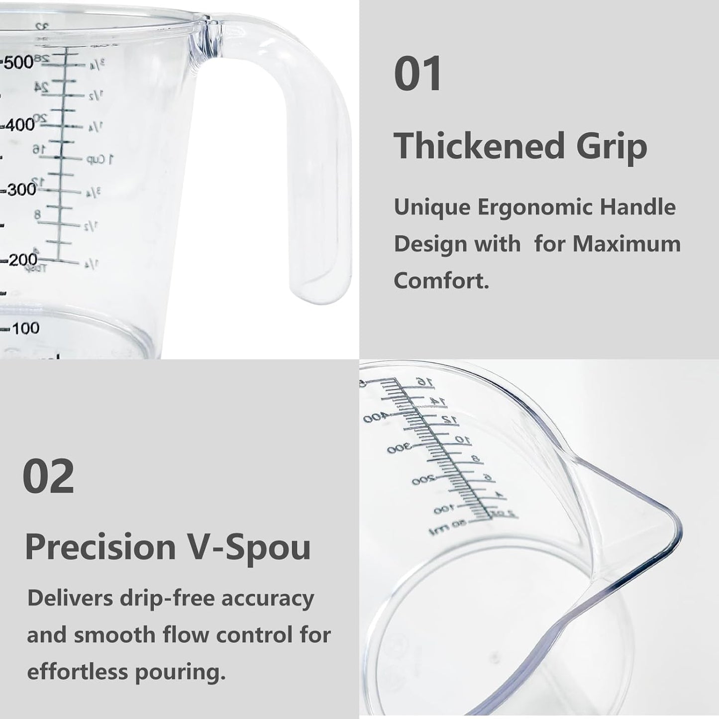 Laser-Etched Measuring Cup Set, 16 oz & 1 Cup Clear Plastic Liquid Measuring Cups, Permanent oz/cup/Tbsp/mL Markings, Food-Grade for Baking & Cooking