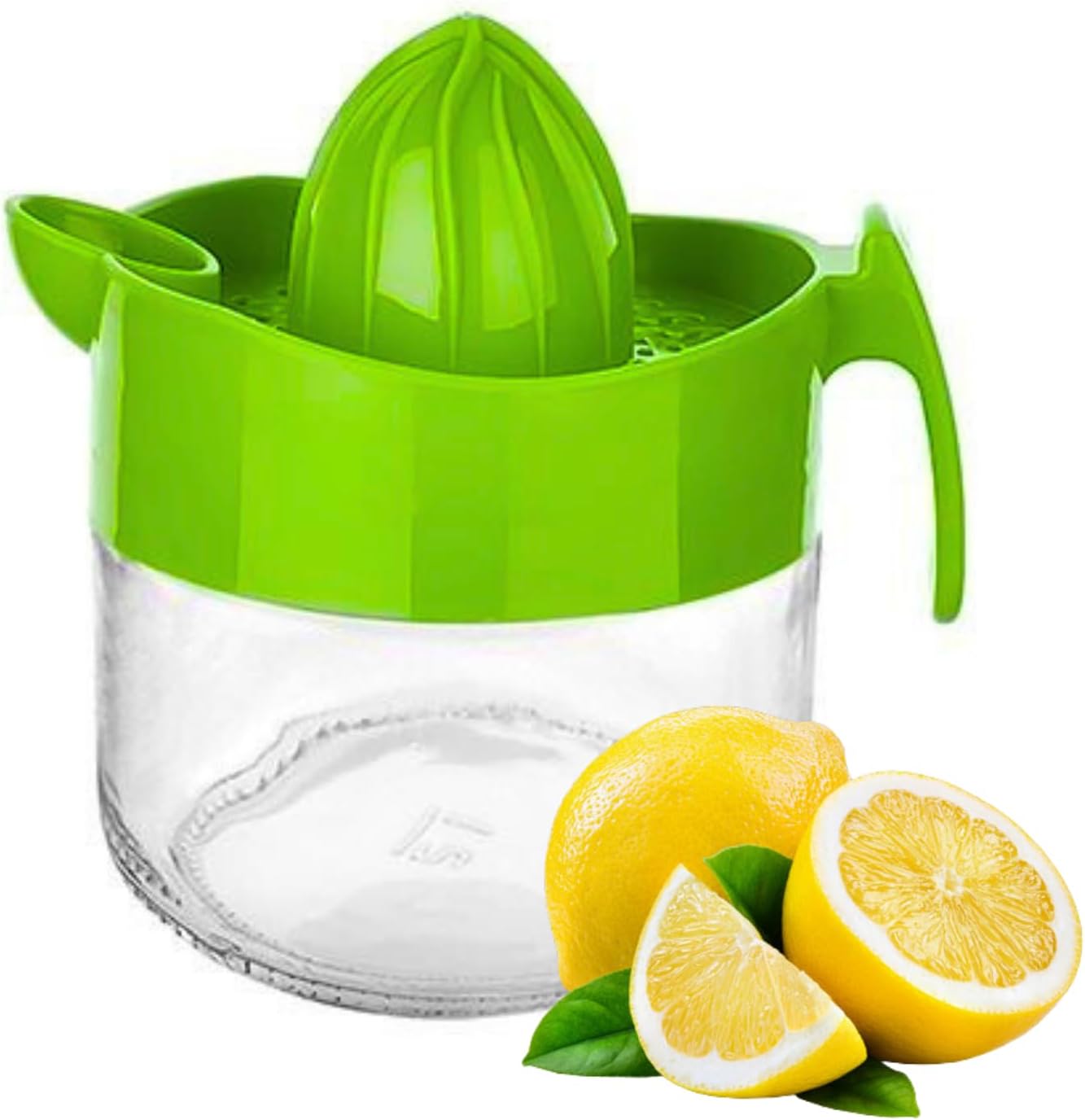Glass Lemon Juicer, Small Grapefruit and Citrus Juicer, Extractor Manual Hand with Handle and Pour Spout, BPA Free and Lead-Free Heavyweight Crystal Clear Glass 10.1oz (Yellow)