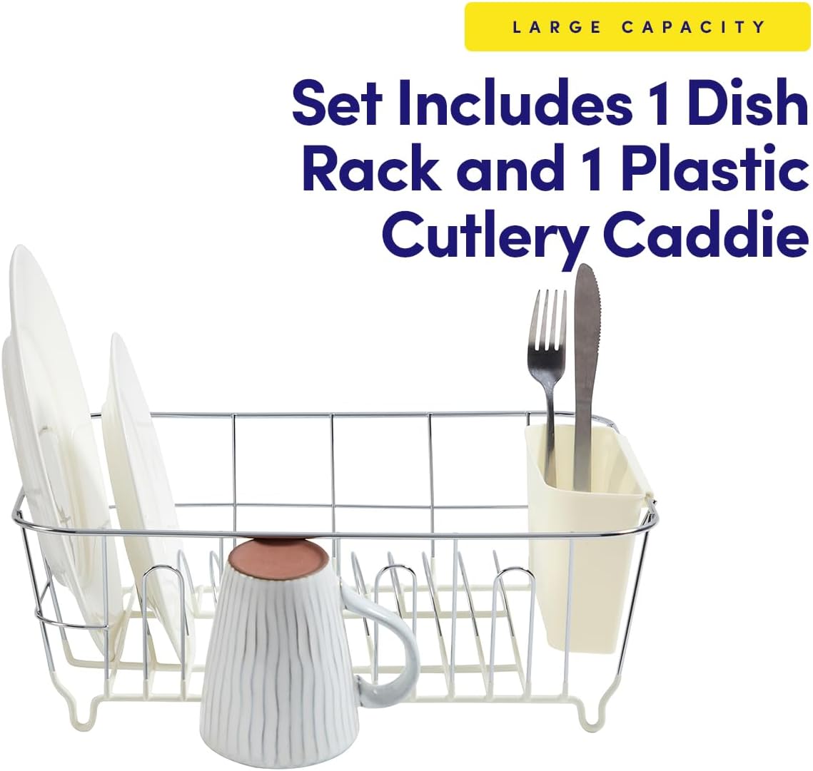 Dish Drying Rack & Cutlery Holder 2 Piece Set - Compact Sink-Fitting Dish Drainer with Rubberized Undercoating, Space-Saving Kitchen Organizer for Plates, Cups, Bowls & Utensils in Sink, Silver