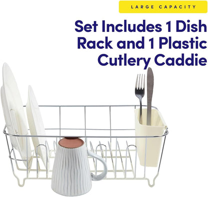 Dish Drying Rack & Cutlery Holder 2 Piece Set - Compact Sink-Fitting Dish Drainer with Rubberized Undercoating, Space-Saving Kitchen Organizer for Plates, Cups, Bowls & Utensils in Sink, Silver