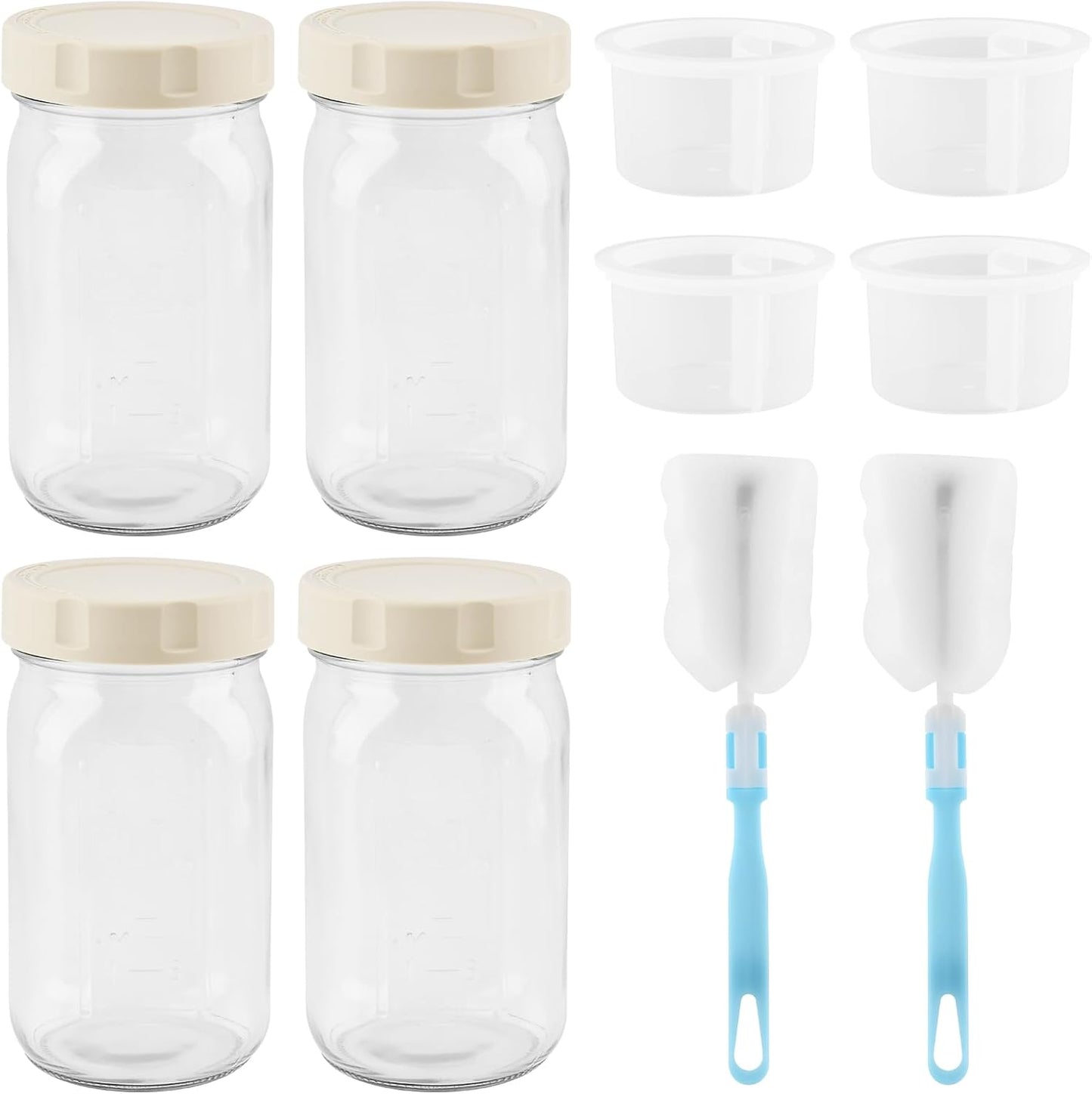 4 Pack Glass Salad Jars with Lids Meal Prep, 32oz Leakproof Mason Jar Salad Container for Lunch With 2pcs Brushes, Two Small Separate Compartments for Dressing and Dry Ingredients