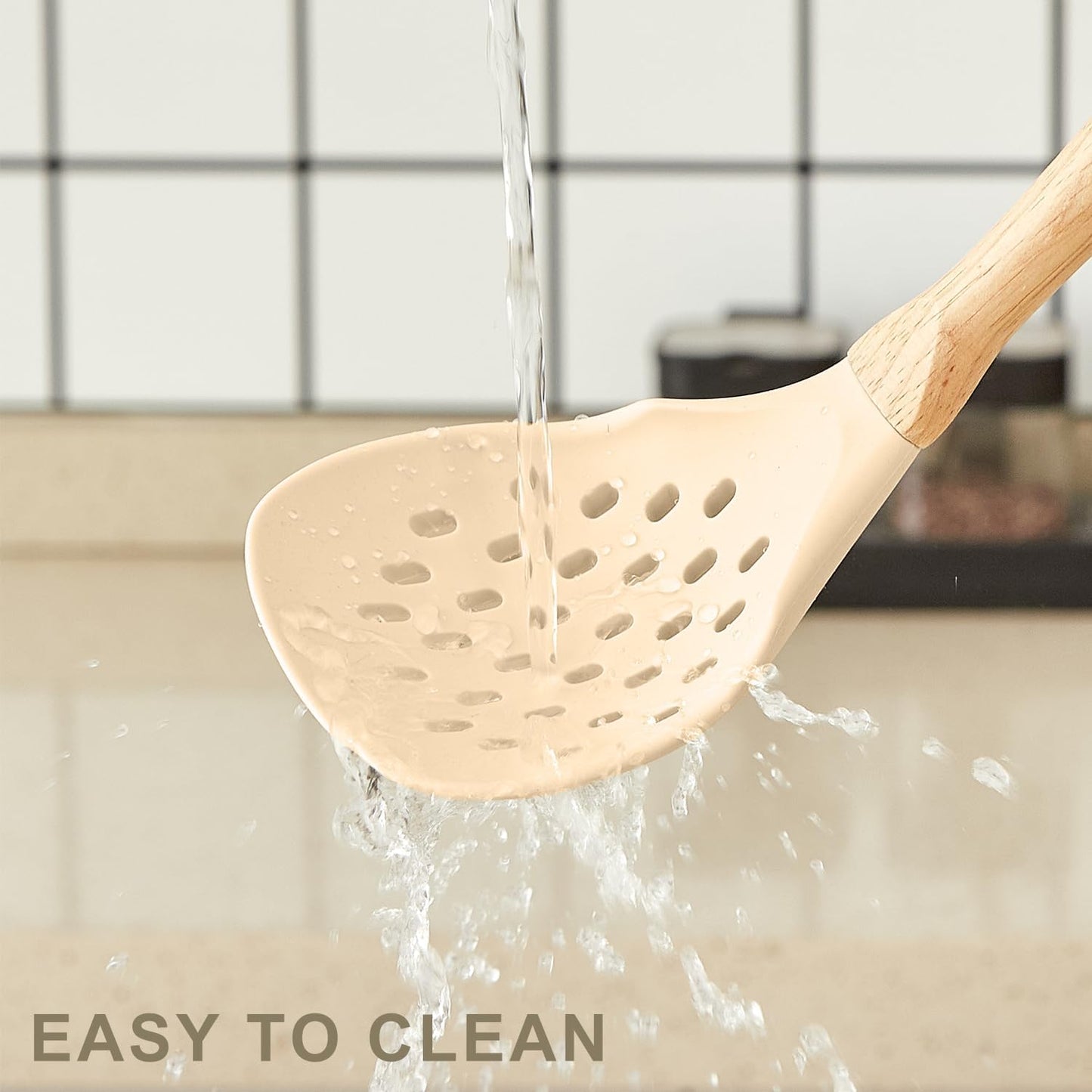 Kitchen Utensils Set - 34 PCS Non-Stick Silicone Cooking Utensils Set Spatula Set with Holder, Wooden Handle Spoon,Brush,Whisk Kitchen Gadgets Tools Set for Nonstick Cookware (Cream White-34P)