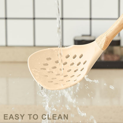 Kitchen Utensils Set - 34 PCS Non-Stick Silicone Cooking Utensils Set Spatula Set with Holder, Wooden Handle Spoon,Brush,Whisk Kitchen Gadgets Tools Set for Nonstick Cookware (Cream White-34P)