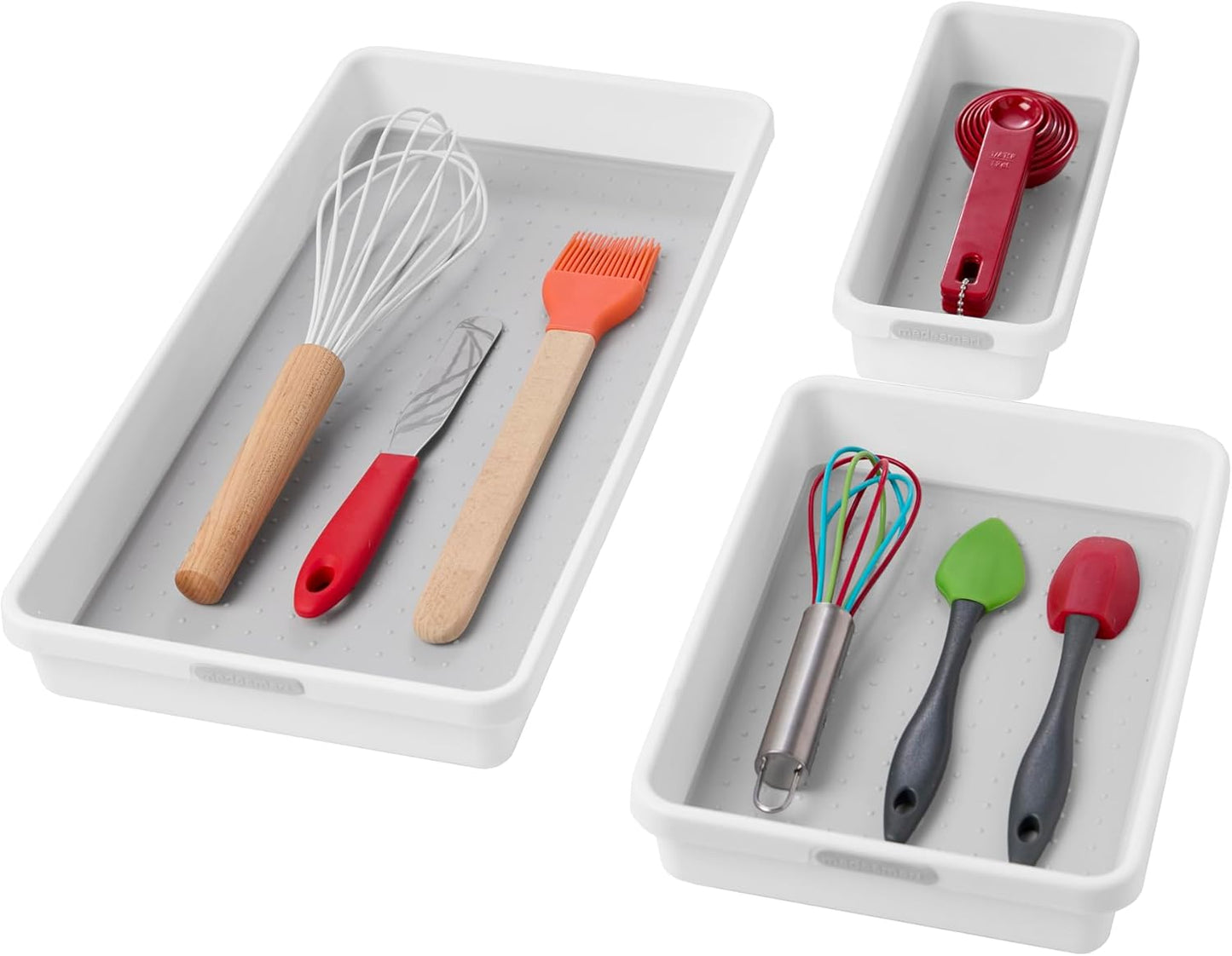 madesmart 3 Bin Drawer Organizer Set, Multi Purpose Storage for Utensils, Office & Bathroom, Organizer for Cutlery, Peeling Tools, Spatulas, Soft Grip Lining & Non Slip Feet, Granite