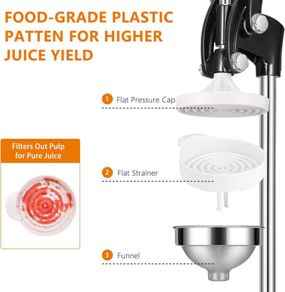 TONGCHANT Manual Juicer, Heavy Duty Cast Iron Juicer | Hand Press Juicer for Orange Lemon Lime Pomegranate & Citrus Fruits, High Leverage for Easy Juicing, Stainless Steel Cup, Easy to Clean, Black