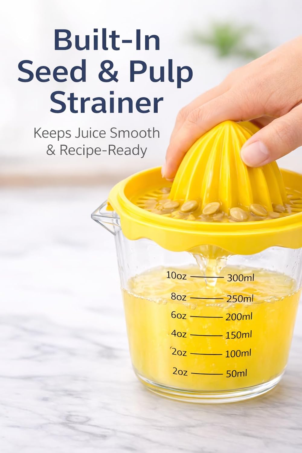 Manual Citrus Juicer with 10oz 300ml Measuring Cup, Lemon Lime Orange Reamer with Built-In Strainer, BPA Free Hand Squeezer with Pour Spout & Handle