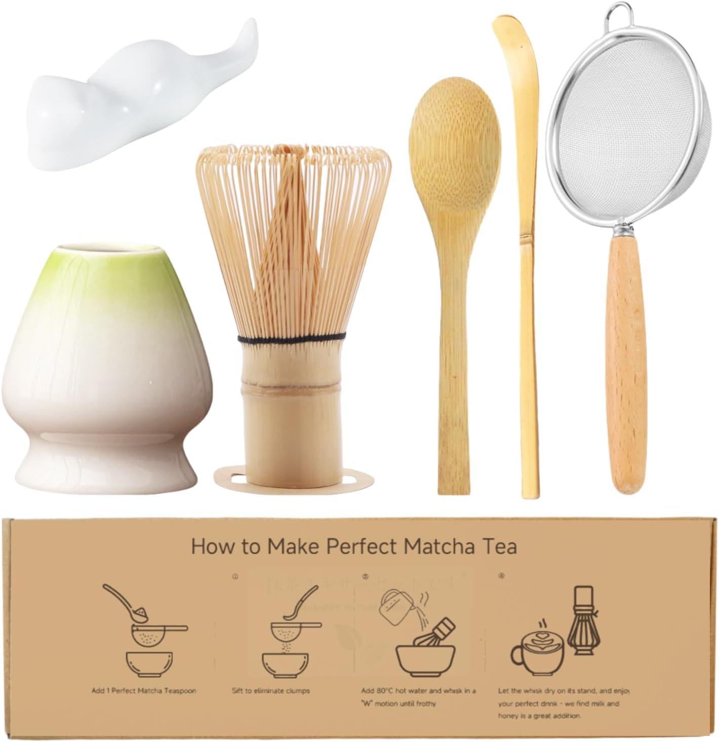 Matcha Whisk Set, 6-Piece Matcha Making Kit, Macha Tea Set, (Chasen Holder), Ceramic Whisk Holder, Matcha Starter Sifter, Bamboo Scoop, Spoon Japanese Tea Tools For Ceremony Gift (Green)