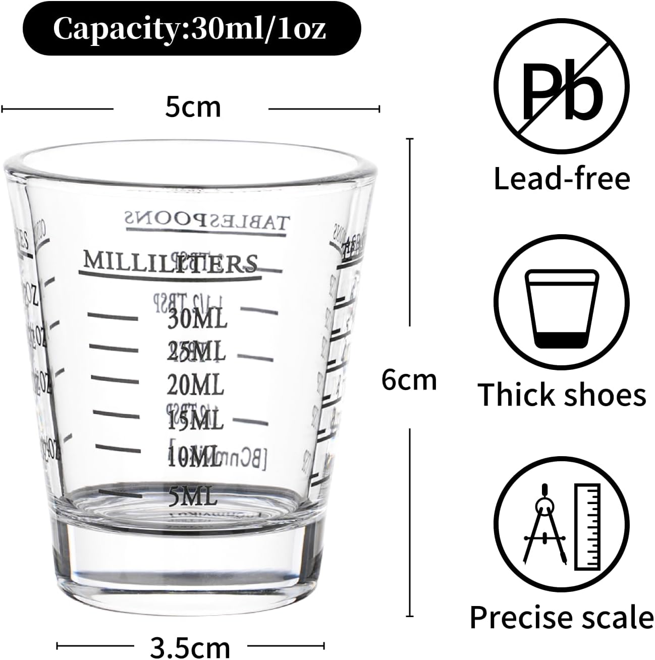 BCnmviku Espresso Shot Glasses Measuring Cup Liquid Heavy Glass for Baristas 2oz for Single Shot of Ristrettos (2 pack)