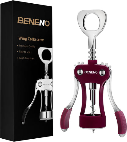 Beneno Wine Opener, Zinc Alloy Premium Wing Corkscrew with Multifunctional Bottles Opener, Sharp Wine Corkscrew with Ergonomic Non-Slip Wing Handle, Silver