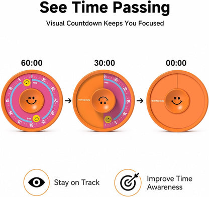 60-Minute Visual Timer, Twist to Set, Loud Battery-Powered Alarm, High-Visibility Rotary Countdown Dial for Kitchen, Work, Study & Time Management (Orange)