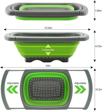 Collapsible Colander Strainer with Extendable Handles - Over the Sink Vegetable/Fruit Colanders Strainers for Kitchen, Capacity of 6 quart (Red)