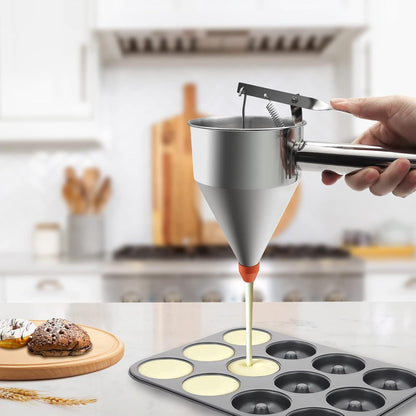 40oz Stainless Steel Pancake Batter Dispenser with Stand, Funnel Cake & Cupcake Batter Dispenser, Multi-Caliber Nozzles for Waffles, Crepes & Icing – Includes 4 Nozzles, Whisk & Brush
