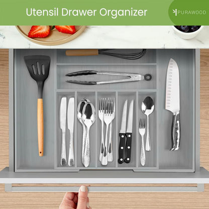 Purawood Bamboo Drawer Organizer - Expandable Silverware Organizer & Utensil Drawer Organizer, Cutlery Tray with Dividers, 7-9 Slots- Kitchen Organizer for Utensils & Flatware (Natural)